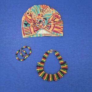 Colorful Beaded Necklace and Headwrap Set